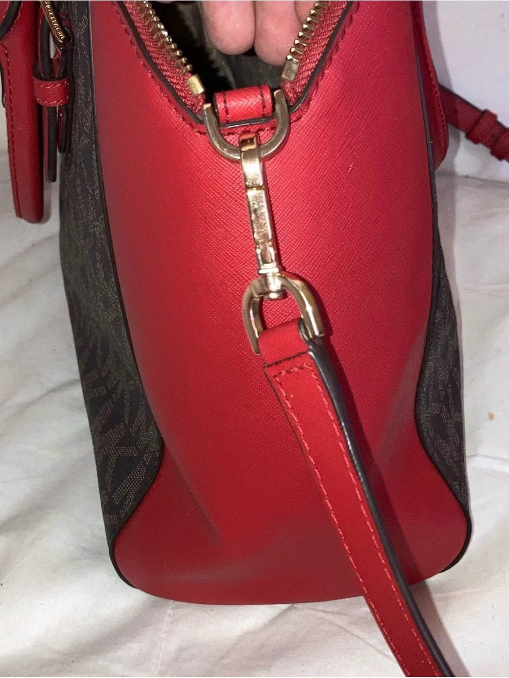Michael Kors Brown Logo Satchel with Pink-Red Trim